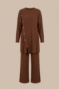 Ensemble femme côtelé marron – Tunique à boutons et pantalon large