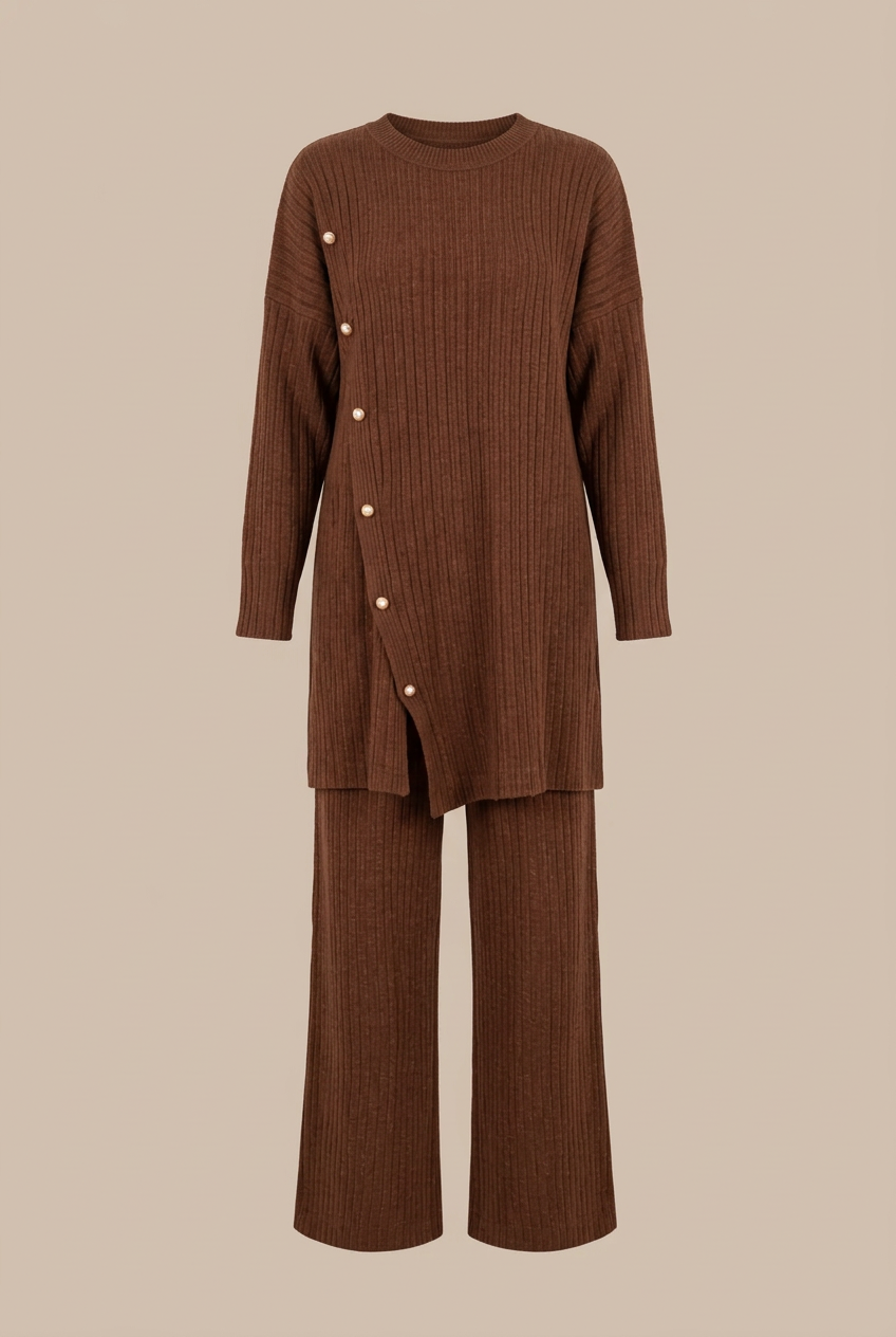 Ensemble femme côtelé marron – Tunique à boutons et pantalon large