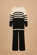 Ensemble femme noir et écru – Tunique rayée et pantalon large