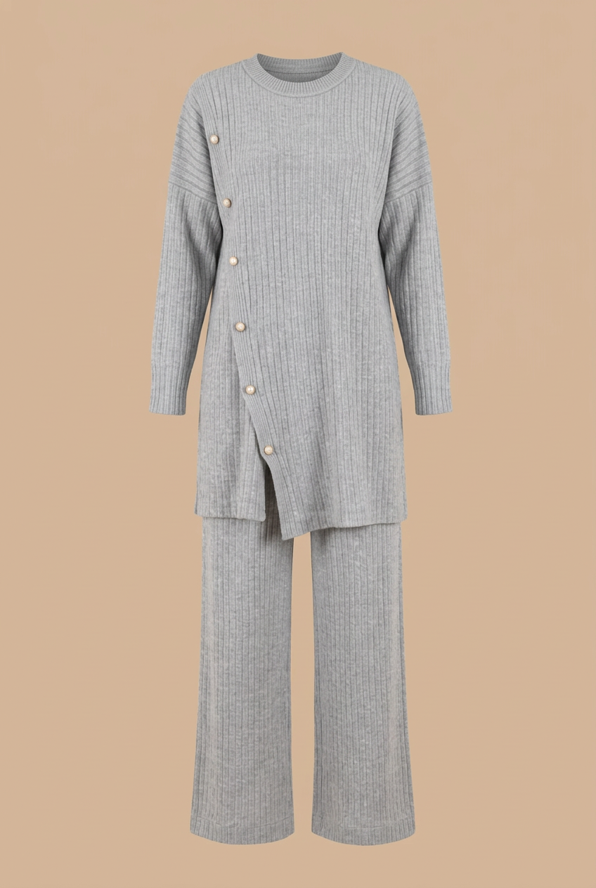 Ensemble femme côtelé gris – Tunique à boutons et pantalon large