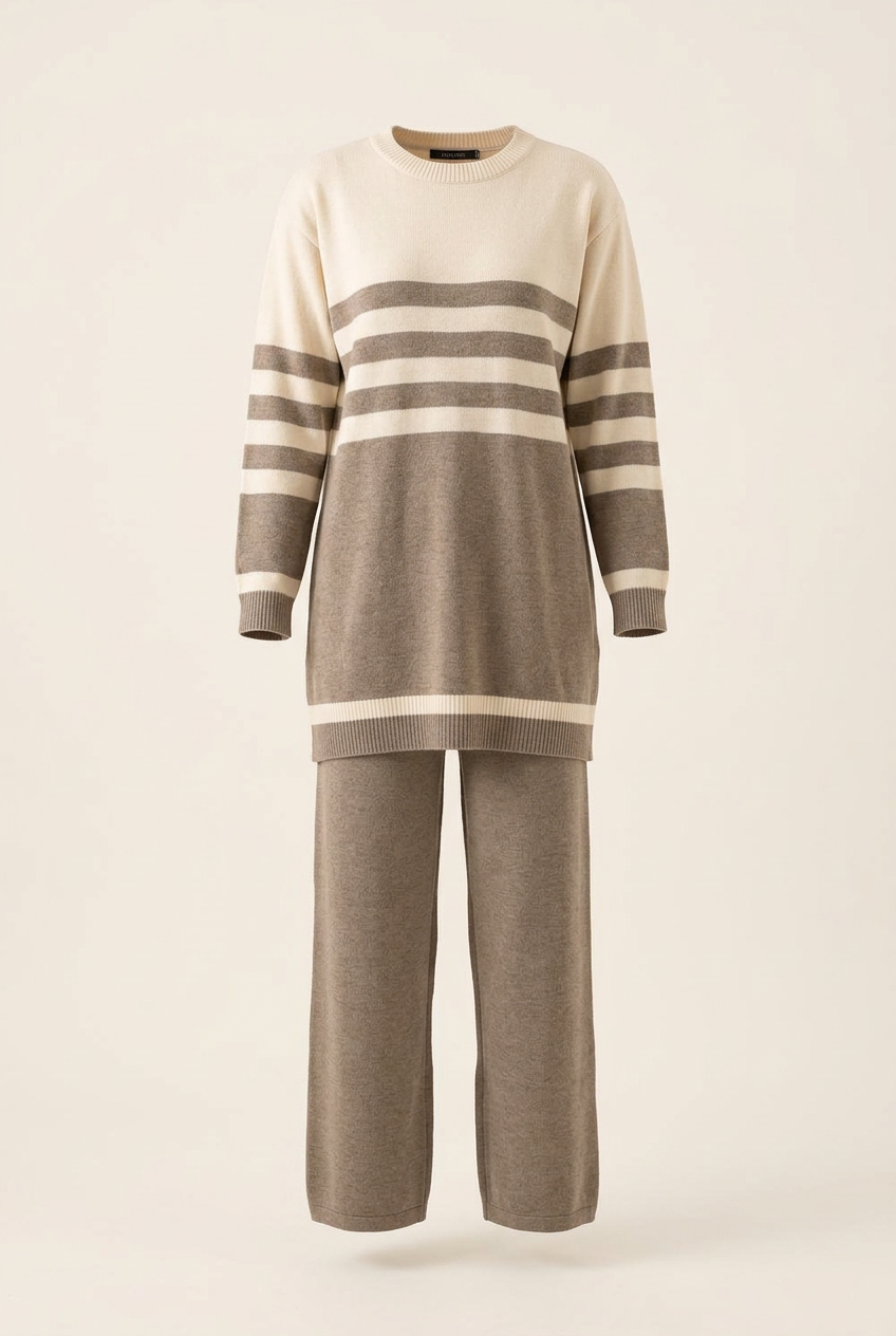 Ensemble tunique rayée et pantalon large – Taupe et écru