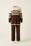Ensemble deux pièces chocolat et écru, tunique rayée et pantalon large