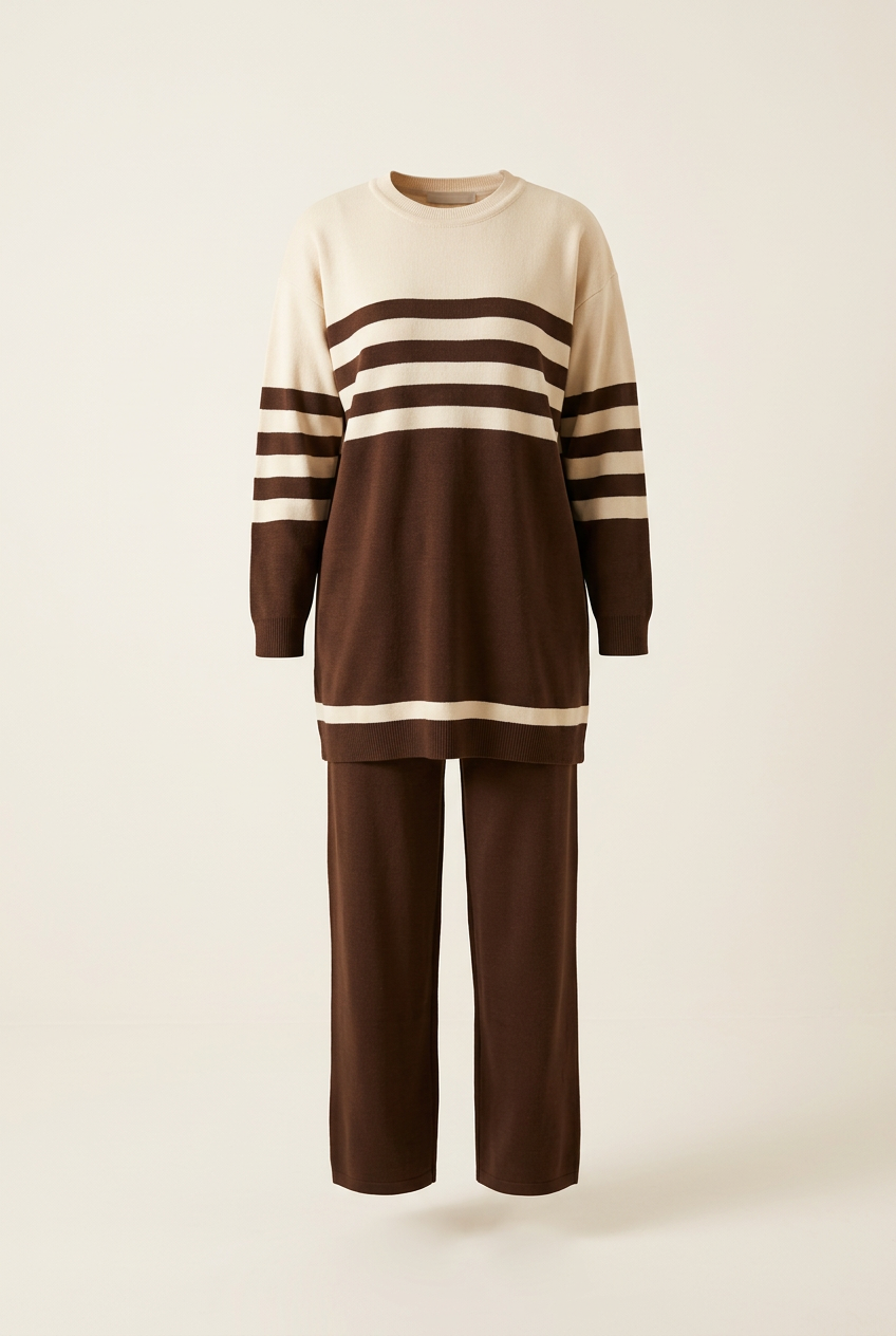 Ensemble deux pièces chocolat et écru, tunique rayée et pantalon large