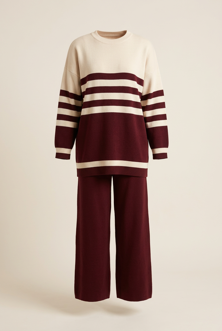 Ensemble tunique rayée et pantalon large – Bordeaux et écru